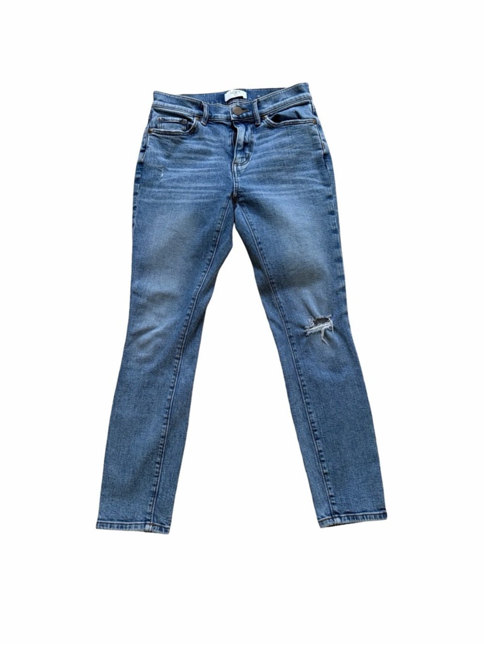 LOFT Medium Blue High-Rise Skinny Jeans with Knee Rip